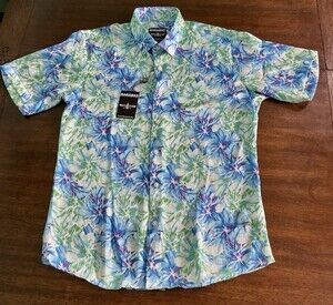 BARABAS-Men-s Size Mediun Floral-Button-Down-Short-Sleeve-Shirt Green Color Way